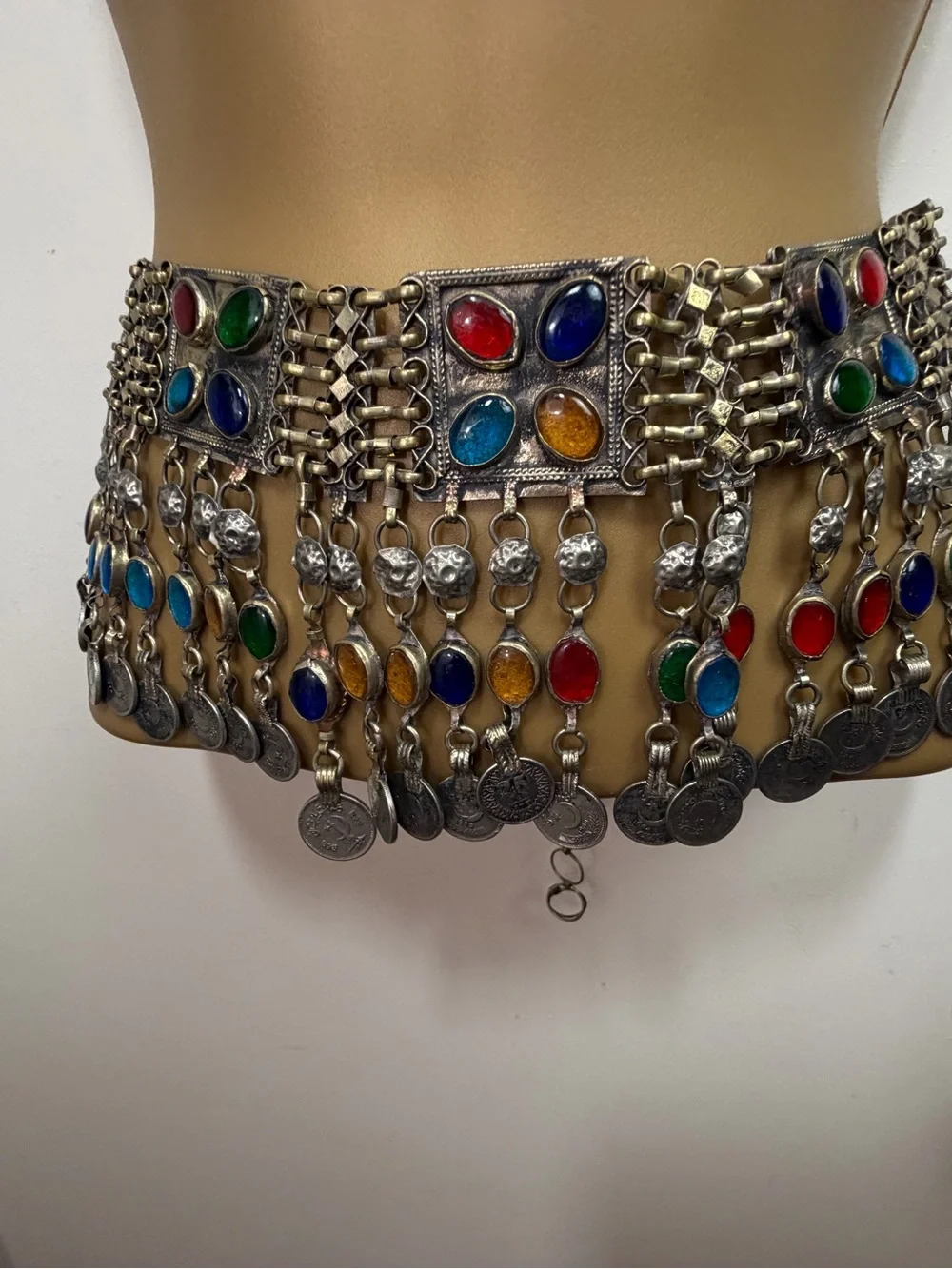 Vintage Kuchi Multicolor Glass Stones Tribal Boho Festival Dangling Coin Belt
